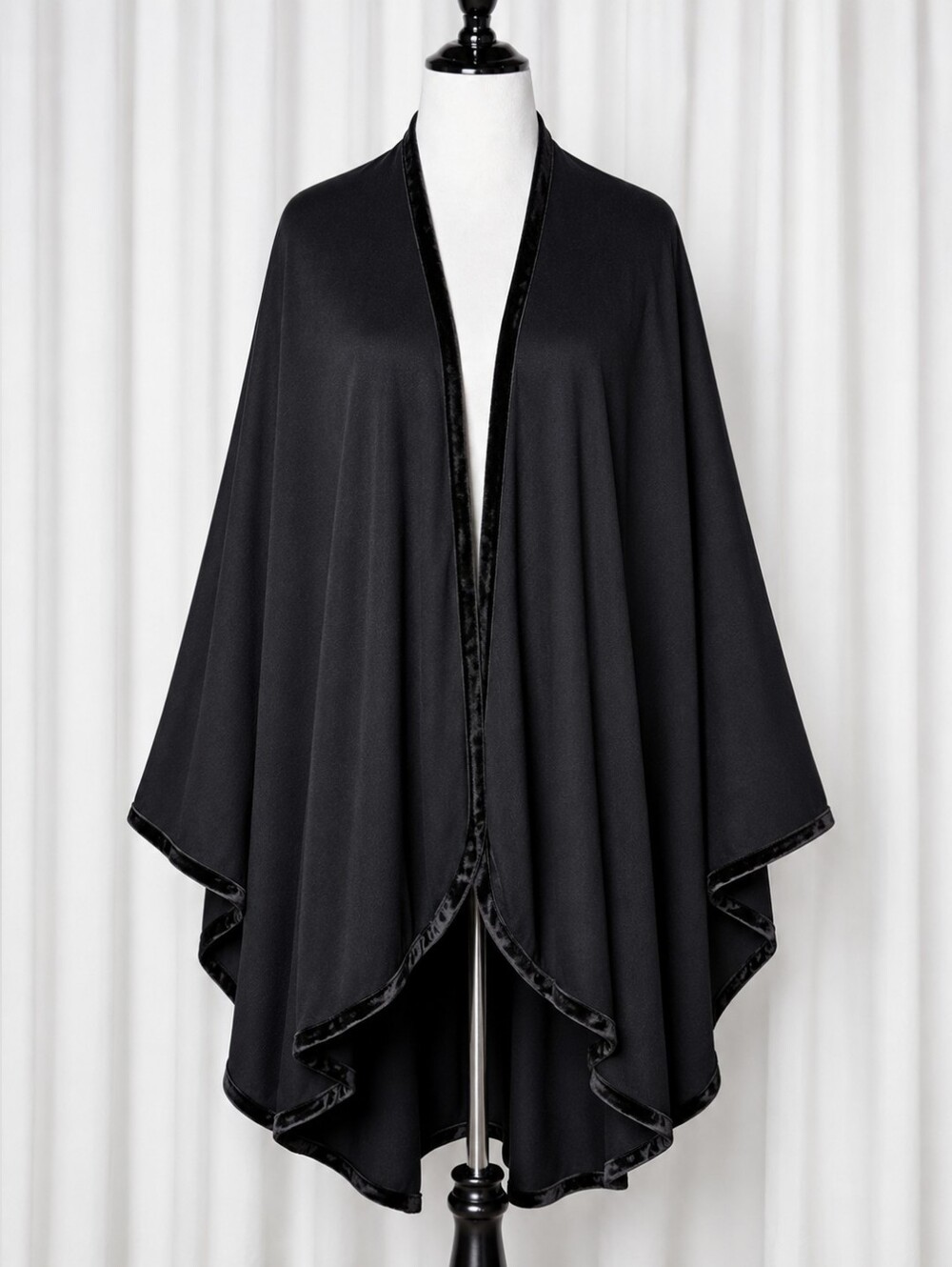 Vintage Amanda Smith Black Wool Blend Draped Waterfall Velvet Trim Wrap Cape